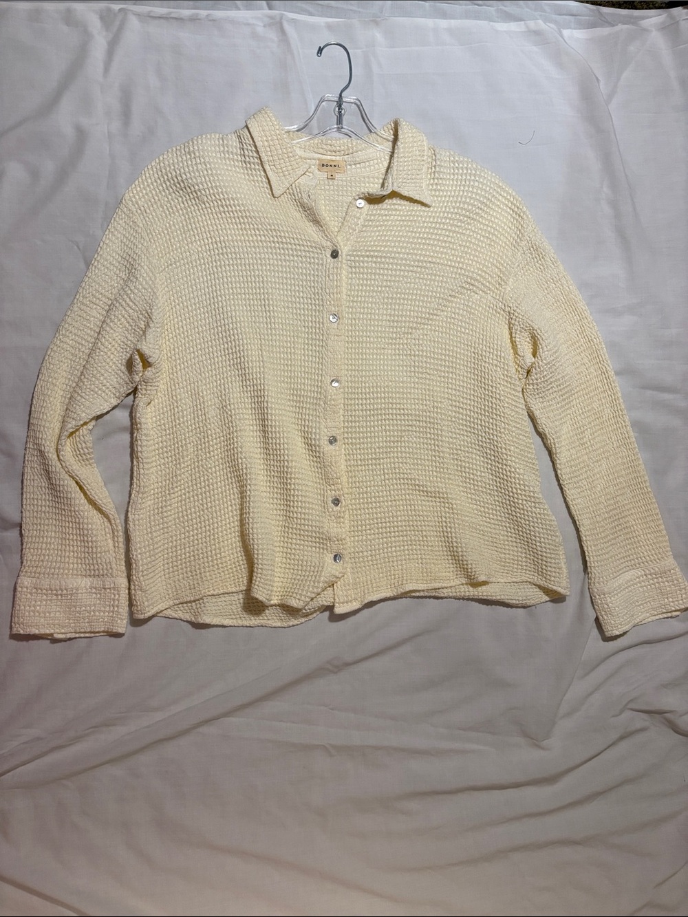 DONNI. Cream Waffle Knit Button-Down Cotton Shirt